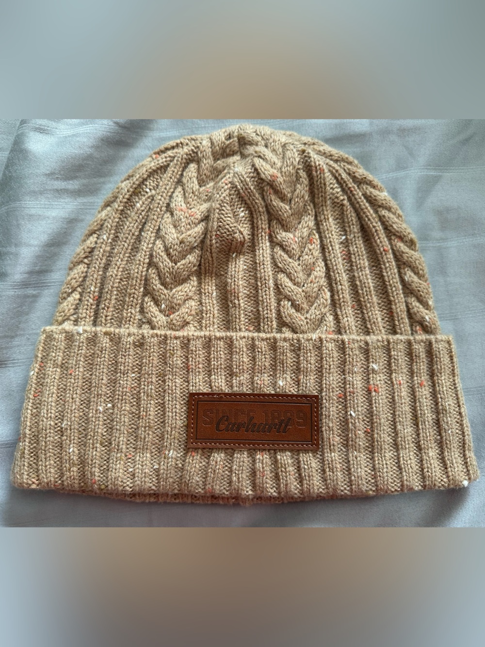 Carhartt Beige Cable Knit Beanie with Leather Patch